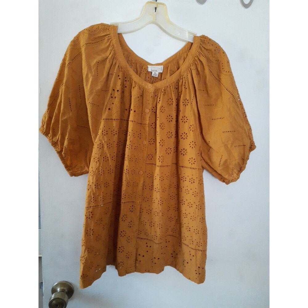 Artilier Nicole Miller Xl gold Mustard Yellow Cotton Eyelet Short Sleeve Blouse